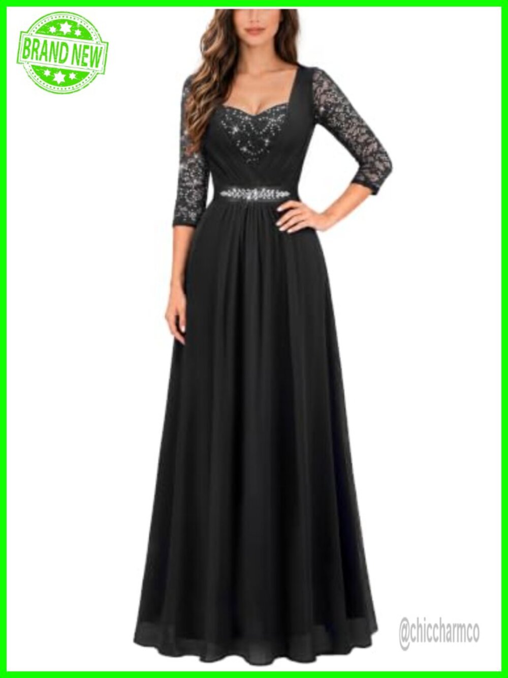 Sequin Lace Square Neck 2/3 Sleeve Formal Maxi Dress A-Line
